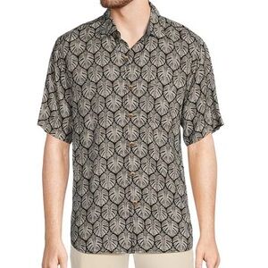 Tommy Bahama Beige and Black Monstera Print   Button down Shirt
